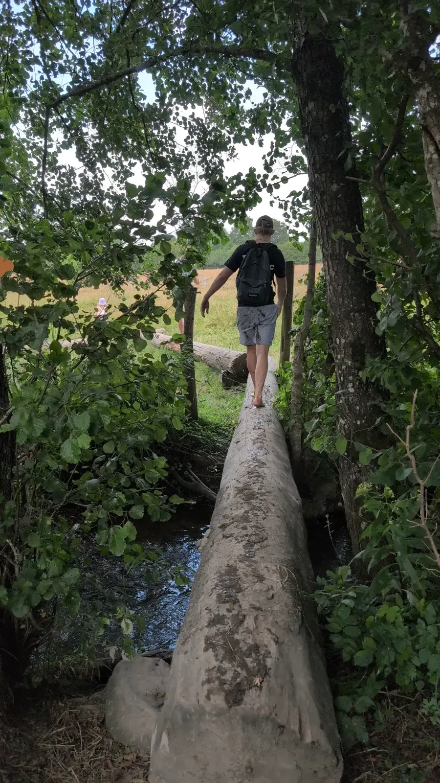 Traversée d'un petit cours d'eau sur le sentier pieds nus